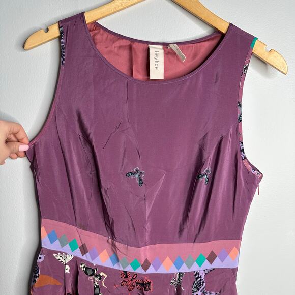 Anthropologie HeyHoe 100% silk purple bird print sheath dress Size 8 - Picture 4 of 9